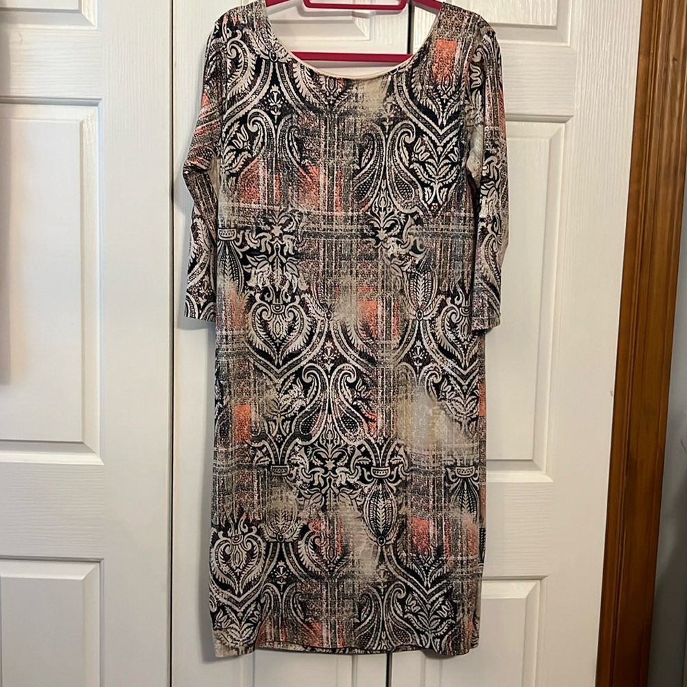 Mt Collection lined Patterned dress with lower cut back. XXL